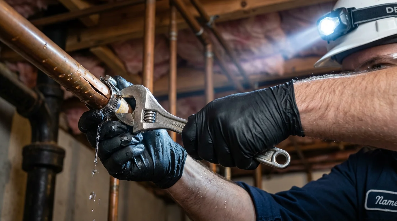 Emergency pipe clamp repair being performed by a Johns Plumbing LLC plumber in Riverton