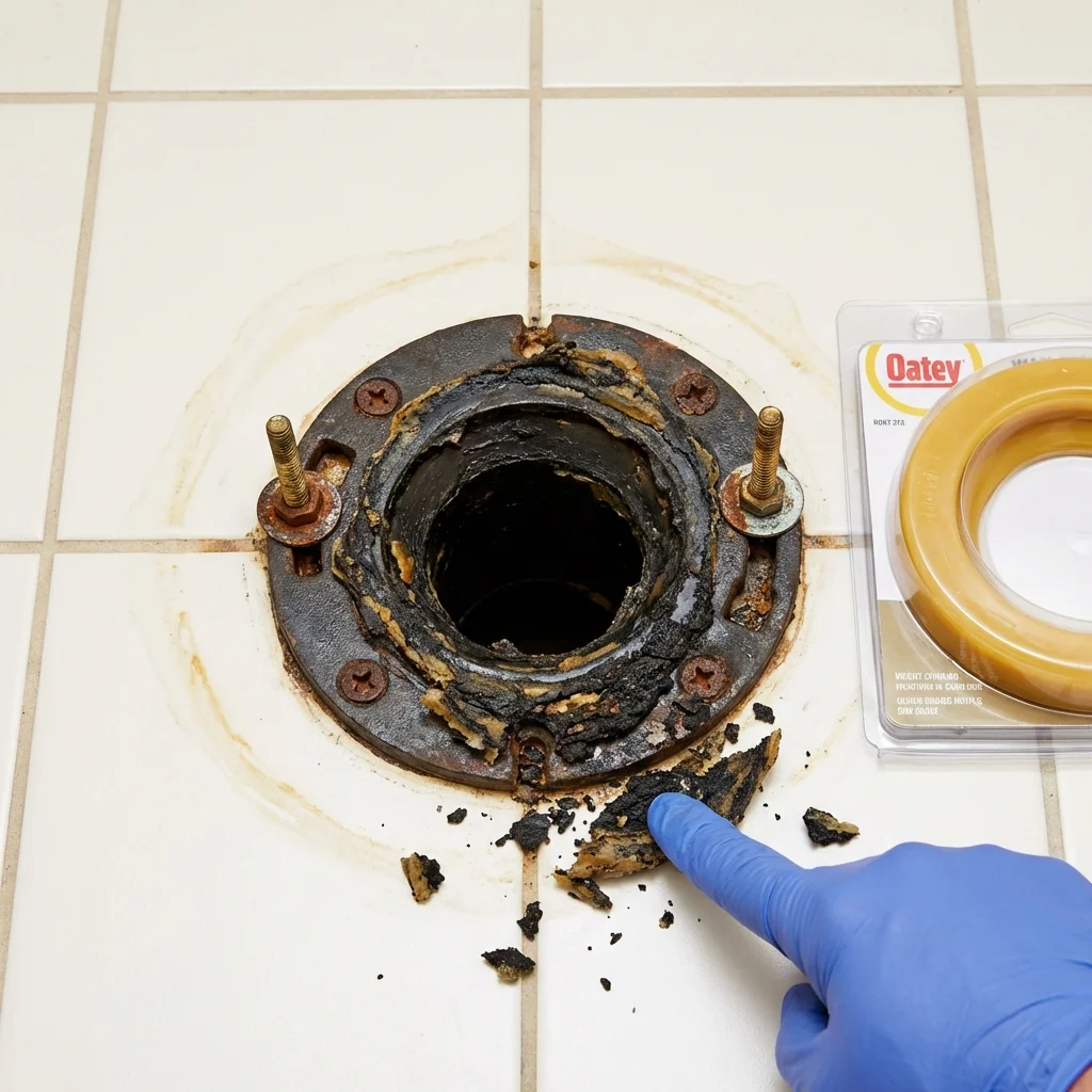Failed wax ring showing water seepage at the base of a toilet in a Riverton, WY home