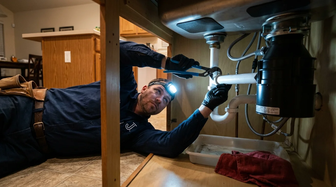P-trap and supply line connections under a kitchen sink showing a common leak point in Riverton, WY